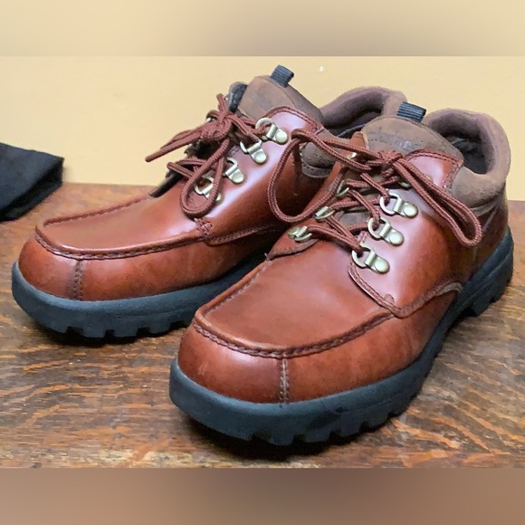 Men’s 9 Timberland Low/Mid Brown Leather Lug Sole Outdoorsman Woods Loafer Shoes - Picture 16 of 16